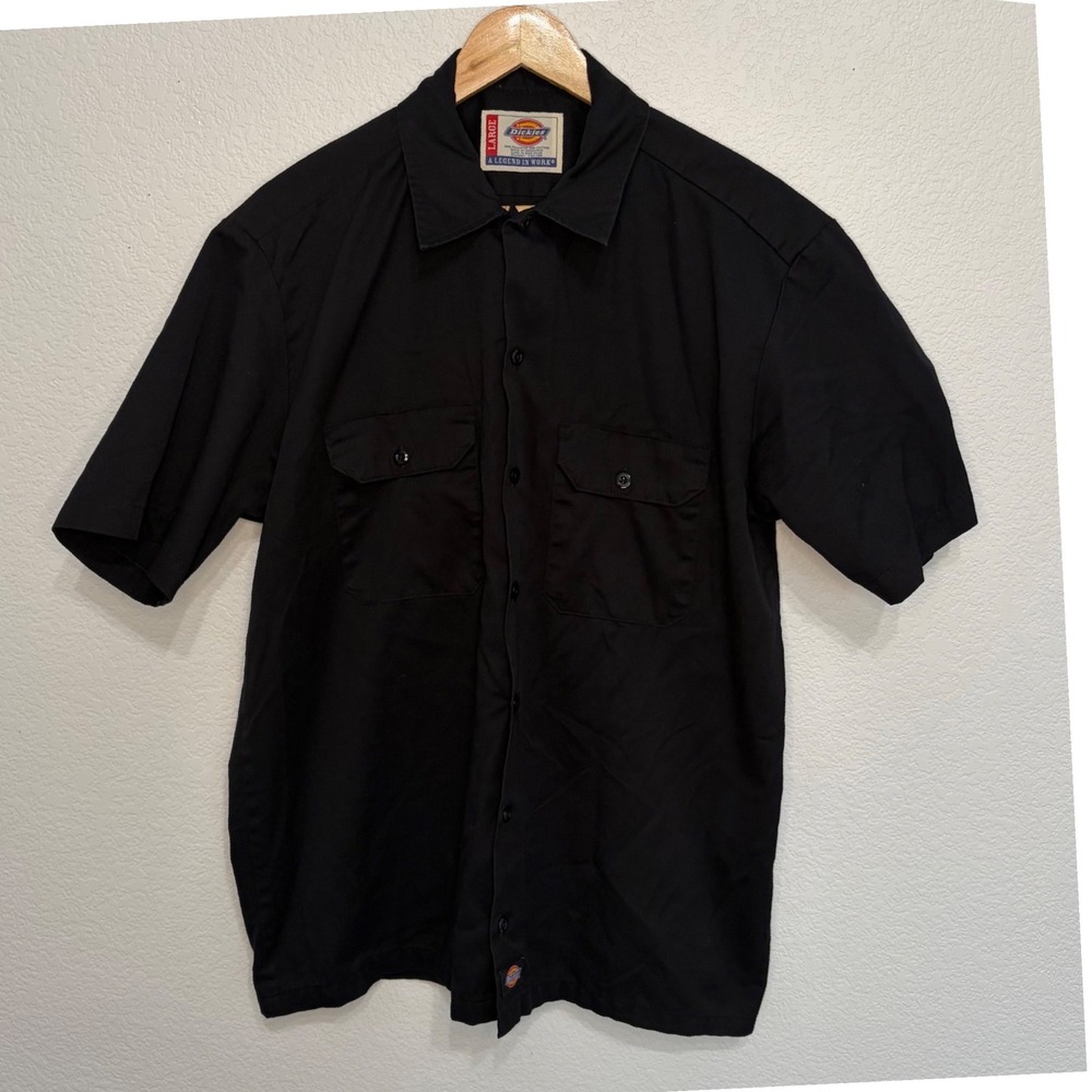 Dickies Mens Short Sleeve Work Shirt Black Button Down Large Two Pocket Twill